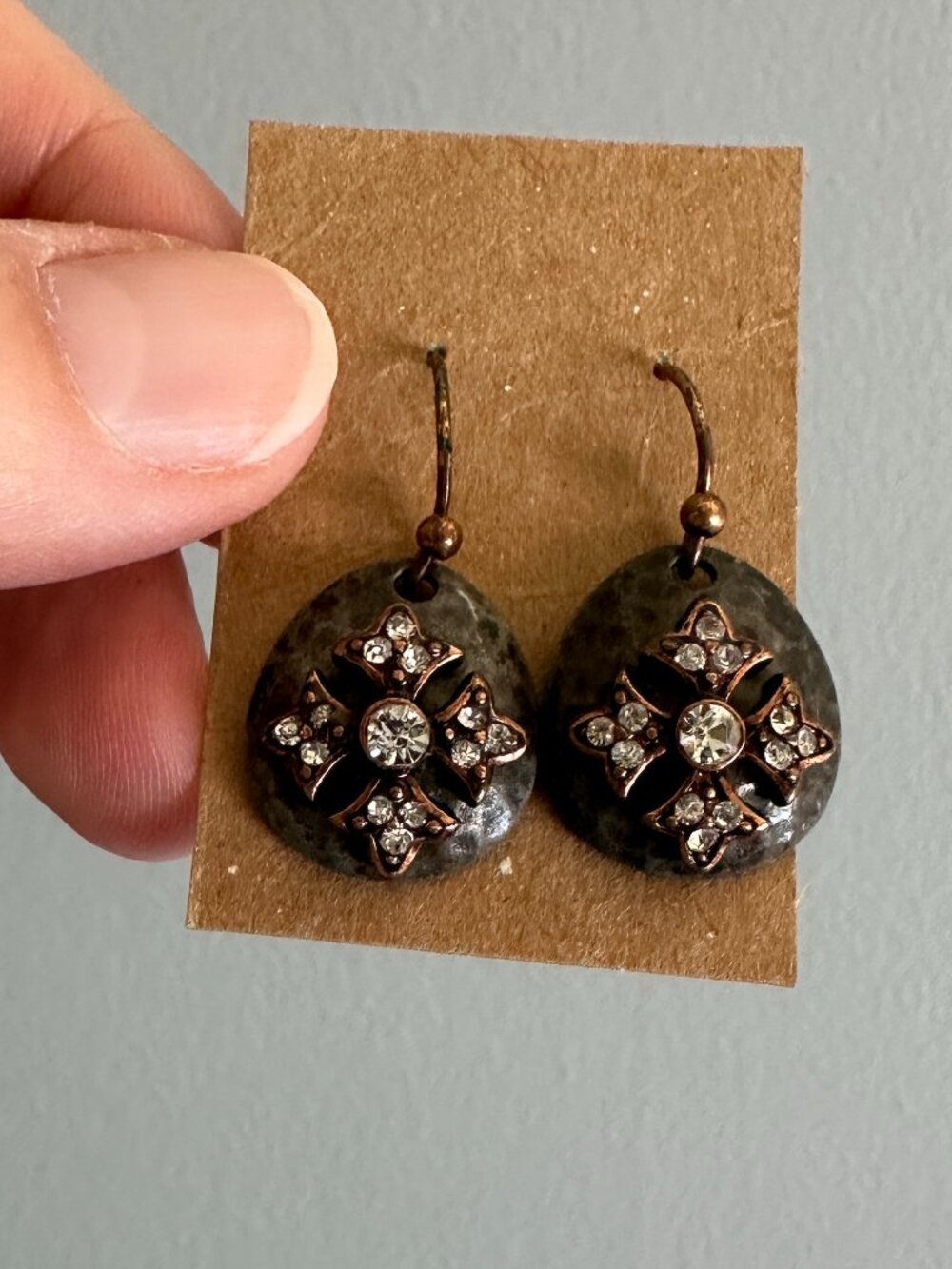 Copper Tone Rhinestone Cross Dangle Earrings